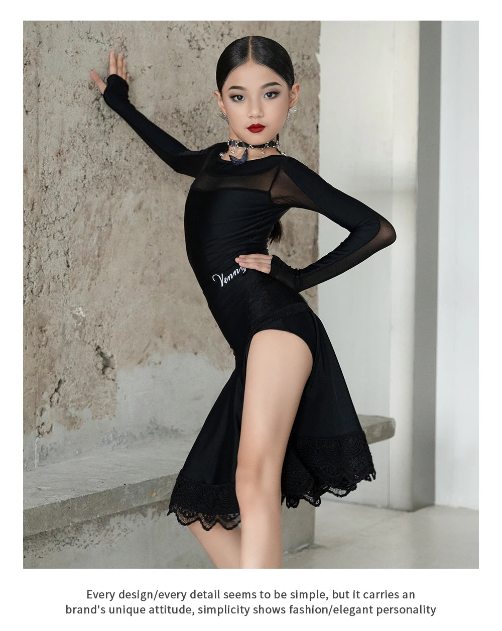 VENNY Abito da ballo latino, abito da ballo da donna moda nuovo abito da allenamento autunno e inverno manica lunga in pizzo diviso
