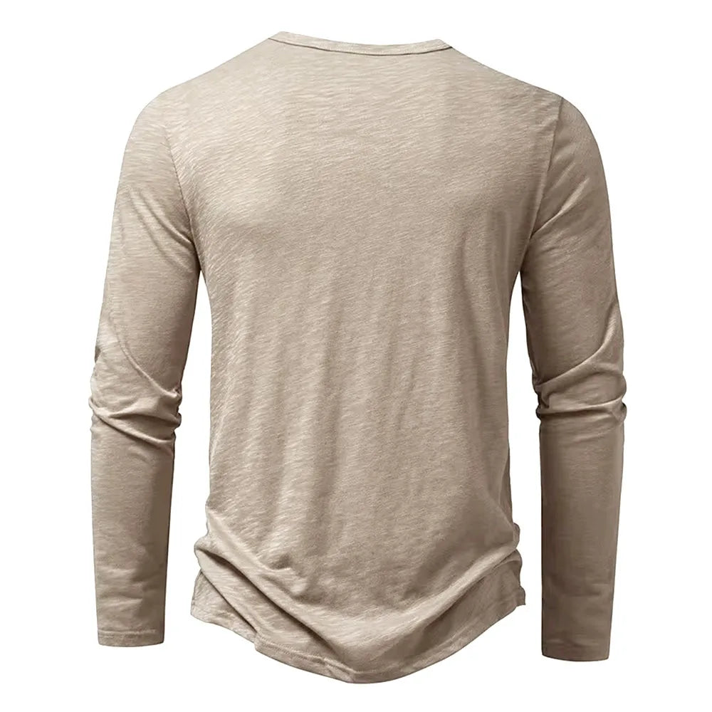 Camicia da uomo in cotone con bottoni e collo a Henley, manica lunga, bottoni casual, tinta unita, magliette alla moda