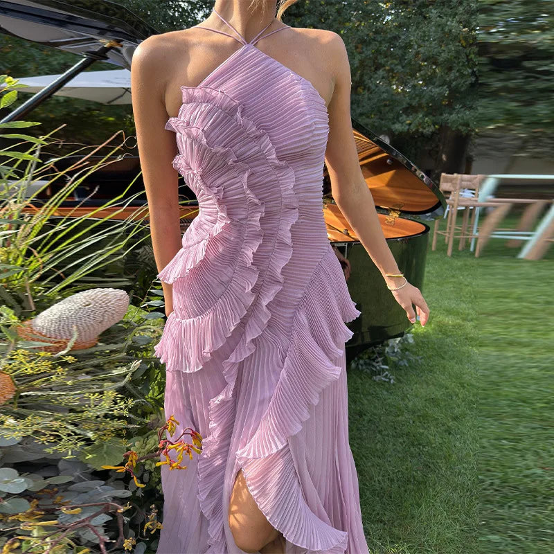 Abito lungo plissettato con volant da donna elegante Abito lungo fluido pieghettato a strati irregolare con scollo all'americana senza maniche per la festa di nozze