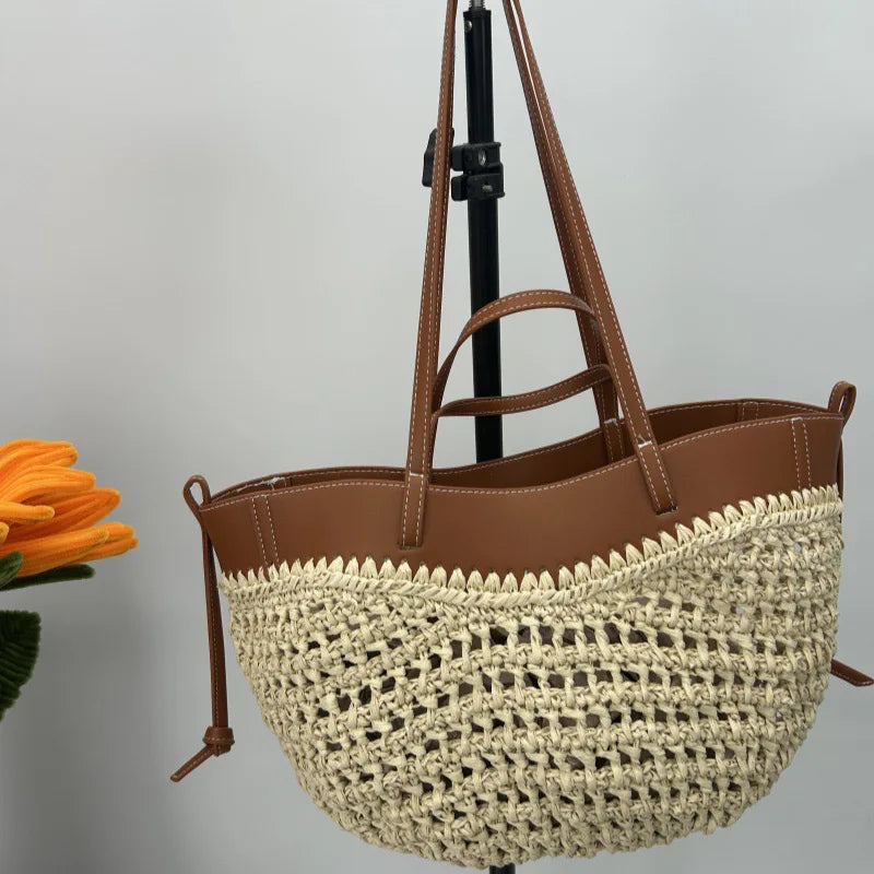 Borsa da donna in paglia intrecciata 2in1 Borsa da ascella in paglia con tracolla regolabile Borsa a tracolla per gnocchi di grande capacità per borsa a secchiello da spiaggia estiva