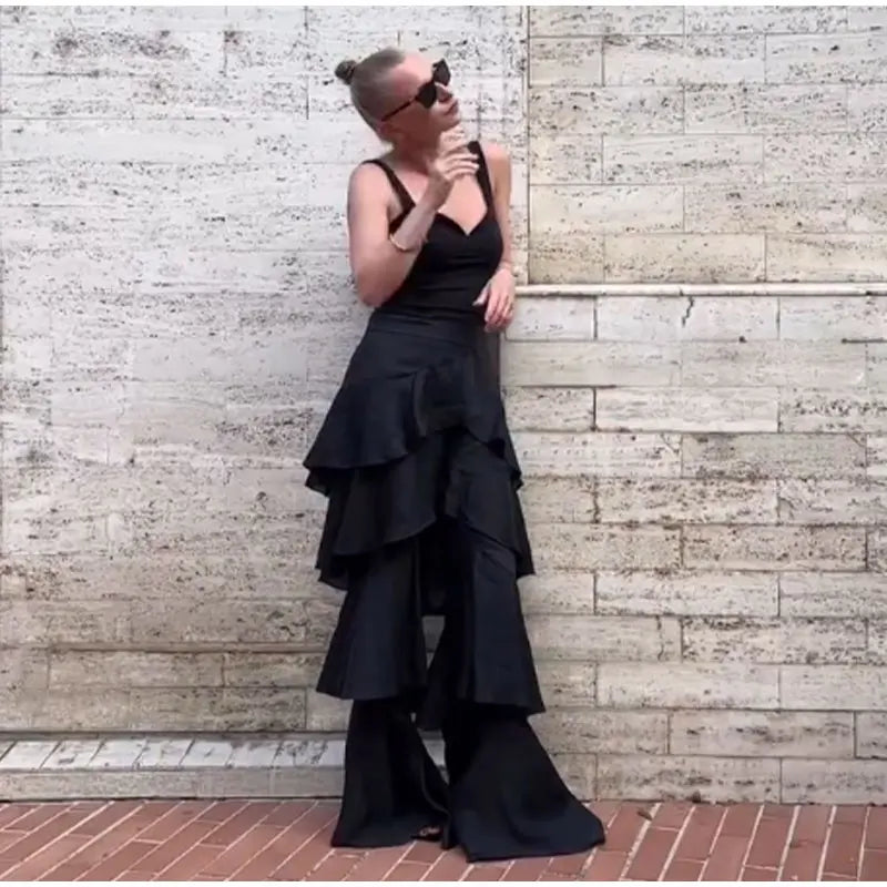 Pantaloni a Balze a Strati Blu Navy alla Moda da Donna, a Vita Alta e Gamba Larga, Lunghi, Nuova Collezione 2026, Casual da Vacanza e Streetwear