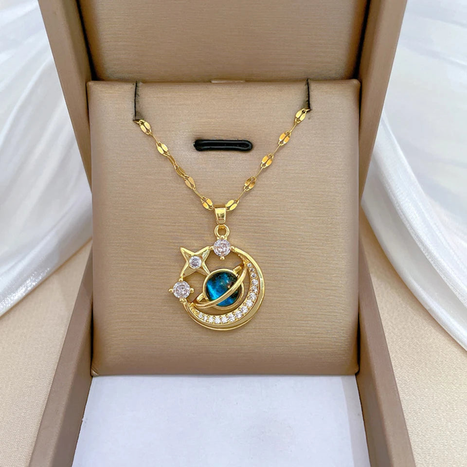 Collana di lusso leggera in acciaio al titanio con serie Star per donna, colore oro, pianeta, luna, astronauta, collane con ciondolo, gioielli, regali