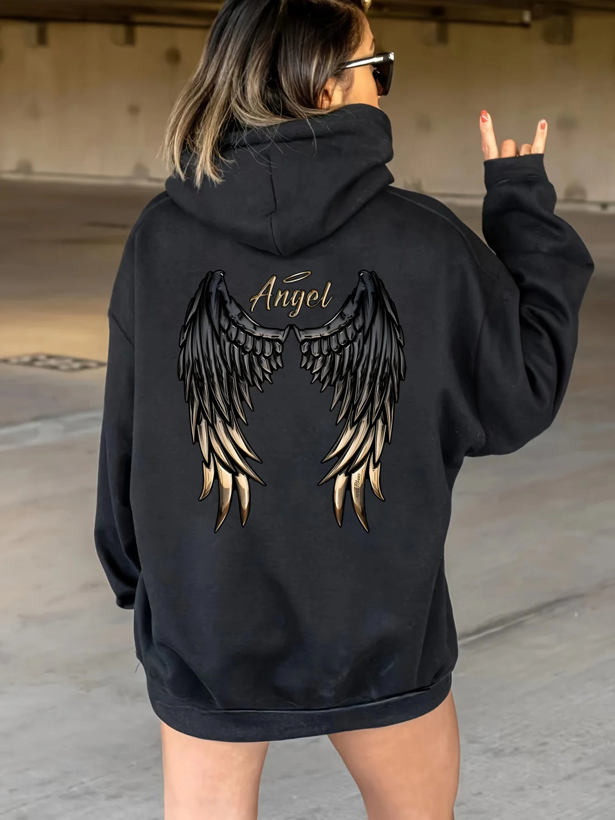 Felpa casual da donna con ali d'angelo, dettaglio grafico con coulisse, tasca a marsupio, perfetta per l'autunno inverno, design giocoso alla moda