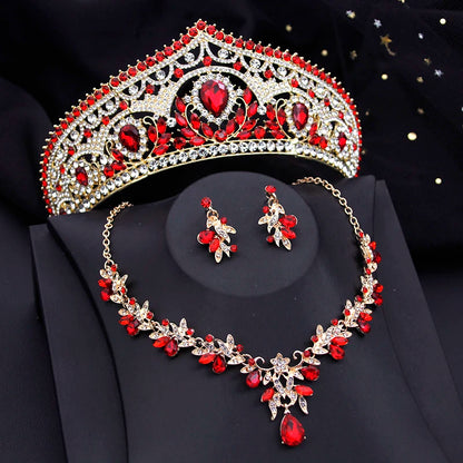 Ensembles de bijoux de luxe pour mariée, diadèmes rouges et boucles d'oreilles, parure de bijoux pour soirée de bal, mariée, accessoire de mariage