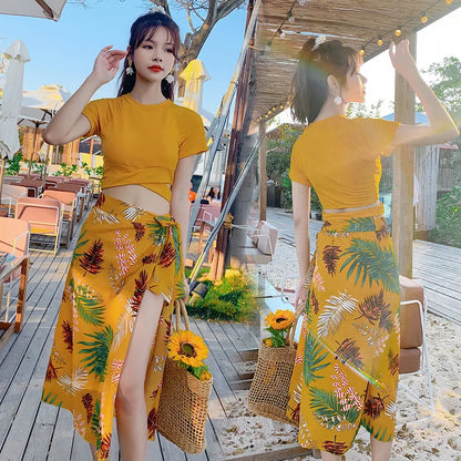 Damen Bikini Set Vintage Boho Print Neckholder Crop Top mit High Waist Shorts Wickel-Pareo Cover Up Strand Badeanzug Bademode