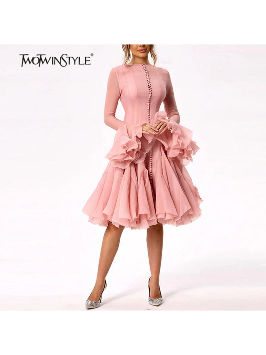 TWOTWINSTYLE Vestito da Donna Irregolare Pieghettato Patchwork Moda Manica Lunga Lanterna Vita Cinching Mini Abiti 2024 Nuovi Abbigliamento