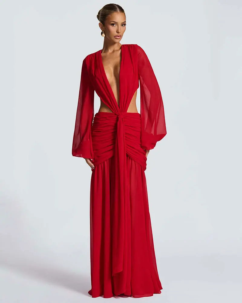GACVGA Abito lungo elegante in chiffon per donna Nuovi abiti con maniche a lanterna Abiti lunghi aderenti da club sexy pieghettati