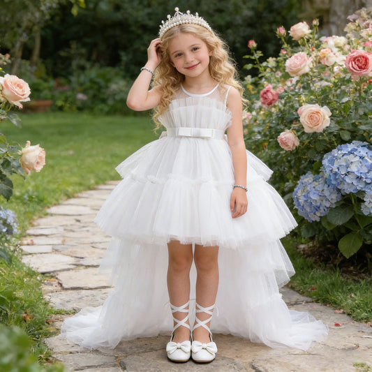 Robes d'été pour bébés filles, demoiselles d'honneur, baptême, tulle, traîne, robe de princesse de mariage, anniversaire, robe de première communion pour filles, avec nœud.