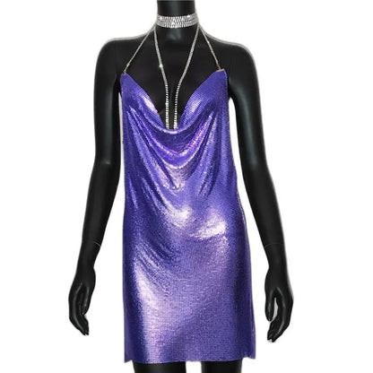 AKYZO Mini abito patchwork con paillettes dorate sexy Donna senza maniche Taglio basso Catene di metallo Halter Slim Abiti da festa da discoteca affascinanti