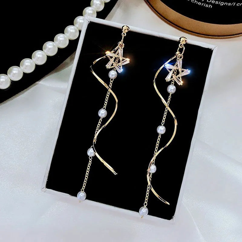 Luce di lusso zircone stella perla onda lunga nappa orecchini donne temperamento gioielli di moda regali delicati
