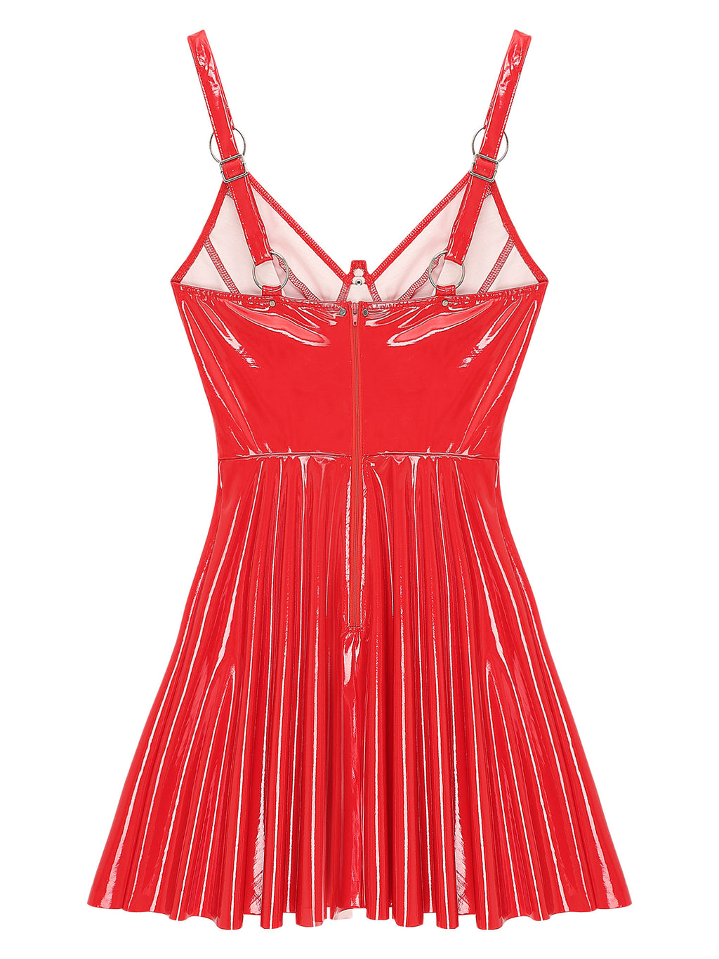 Abito sottoveste in pelle verniciata Sexy effetto bagnato da donna O-Ring rivetti con spalline scollo a V Punk gotico a-line Mini abiti Rave Party Clubwear