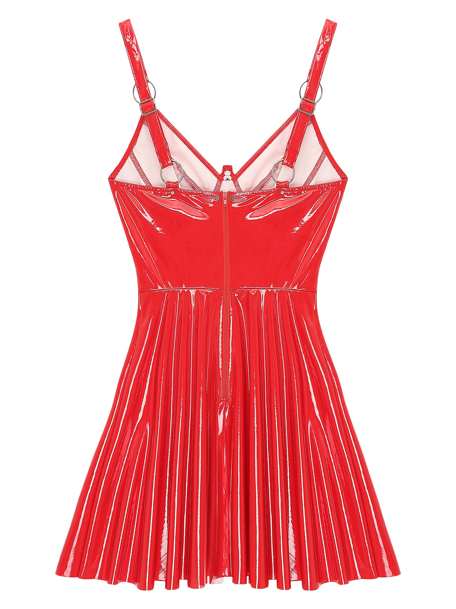 Abito sottoveste in pelle verniciata Sexy effetto bagnato da donna O-Ring rivetti con spalline scollo a V Punk gotico a-line Mini abiti Rave Party Clubwear