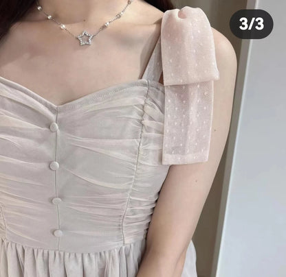 Abiti da donna di nicchia in stile giapponese Primavera Estate Autunno Ragazza Dolce fiocco Abito in rete Lolita Abito lungo con bretelle da fata carina