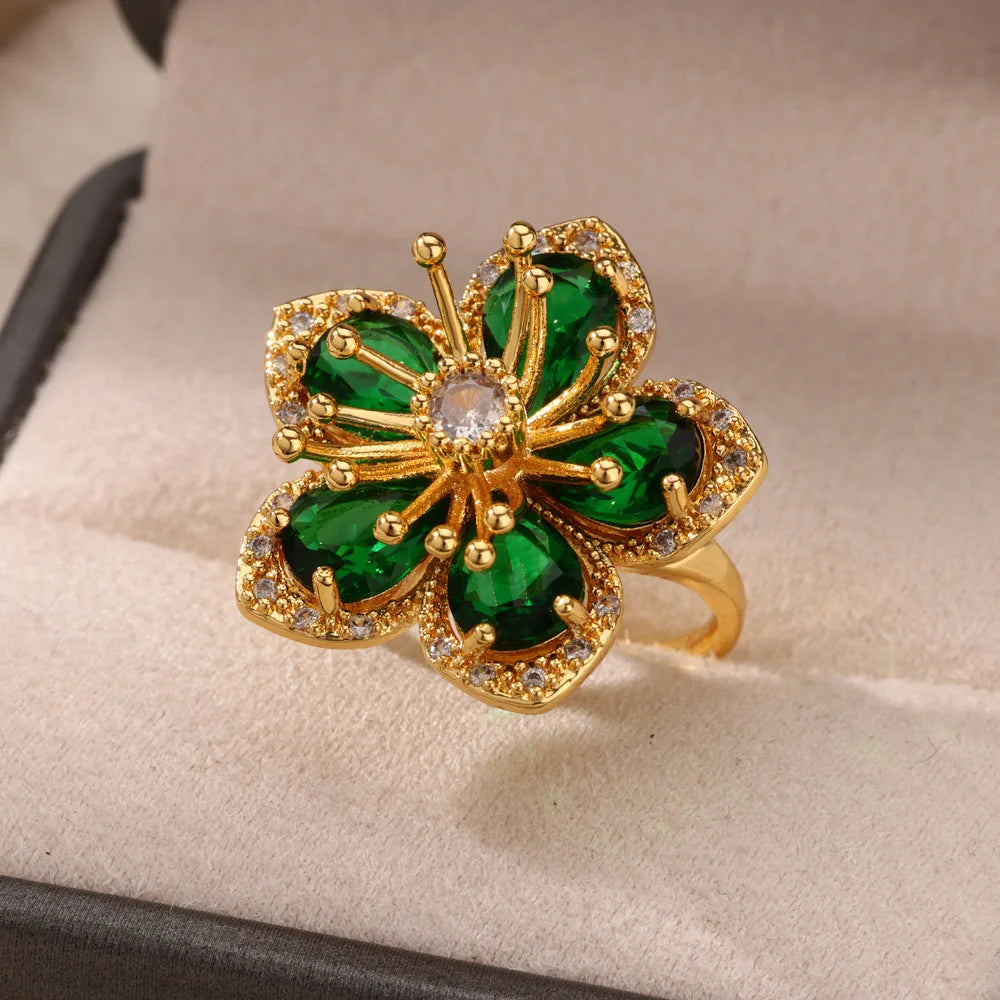 Anelli di fiori colorati con zirconi per le donne Anello floreale in acciaio inossidabile color oro Elegante regalo di gioielli estetici per matrimoni di lusso