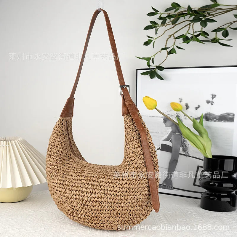 Borse a tracolla da donna in paglia casual Hobos Borse a tracolla in tessuto fatto a mano Borsa da spiaggia estiva semplice vintage Borse tote di grande capacità