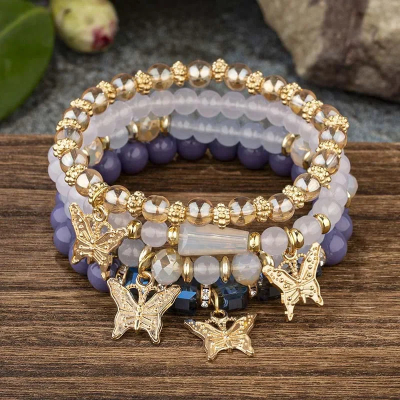 Set di braccialetti con perline a farfalla alla moda da 4 pezzi per le donne, perline acriliche rosa, braccialetto a catena elastica, regalo di gioielli per feste bohémien femminili