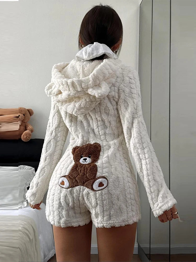 Tuta Corta Calda con Motivo Orsetto Cartoon Trendy, in Peluche e Flanella con Cappuccio, per Donna, Nuova Collezione Autunno Inverno, Outfit Comodo