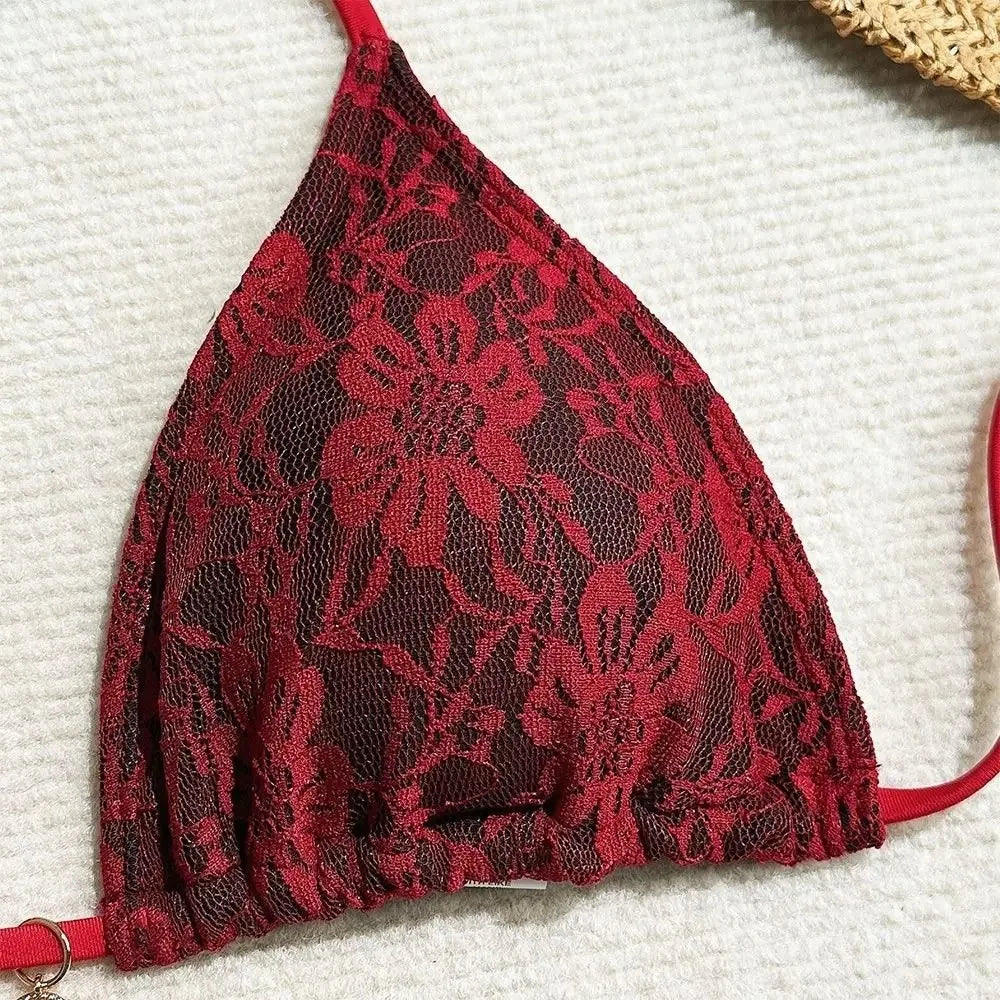 Badeanzug Neckholder Sexy Brasilianischer Bikini Set Pareo Nylon Spitze Bikinis Netz Rot Dreiteilige Bademode Sommer