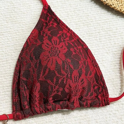 Badeanzug Neckholder Sexy Brasilianischer Bikini Set Pareo Nylon Spitze Bikinis Netz Rot Dreiteilige Bademode Sommer
