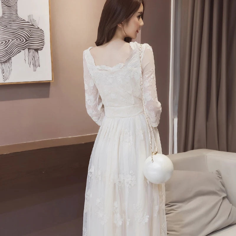 Abito femminile lungo bianco ricamo maxi compleanno manica da donna abiti in pizzo casual gioventù sensuale sexy curvy designer intero