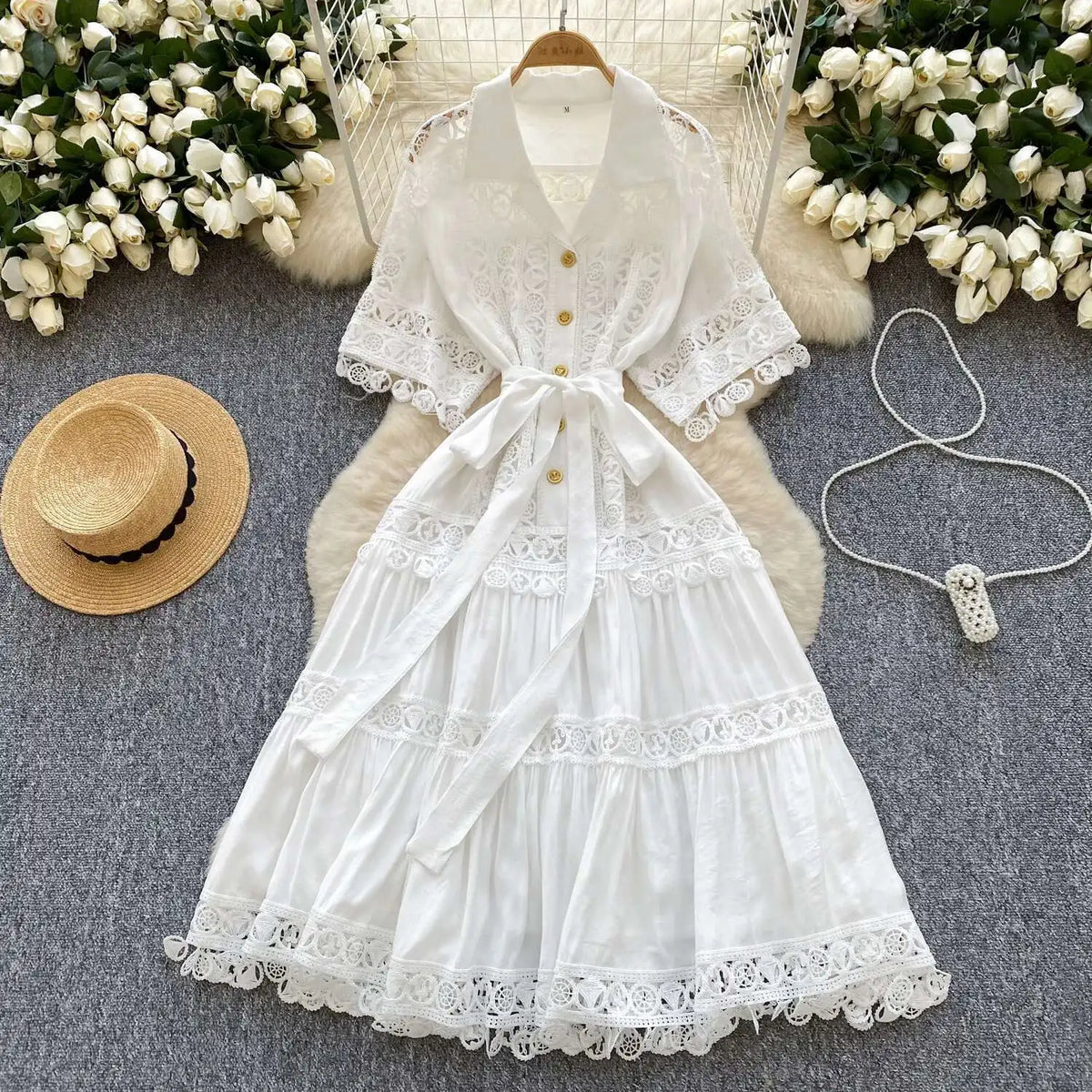 Abiti midi scavati di lusso Camicia da donna Vacanza estiva Elegante bottone monopetto Cintura in pizzo Ricamo Vestido lungo da festa