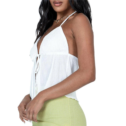 Haut court sexy d'été avec nœud papillon et lacets, sans manches, gilet court élégant pour jeunes femmes, mode épaules dénudées 2024 Nouveauté