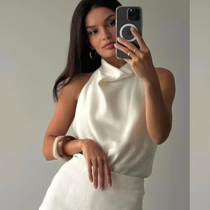 Hauts Femme Sexy Top Satin Licou Femme Mode Solide Élégant Gilet Dos Nu 2026 Nouvel Été Épaules Dénudées Caraco Femme