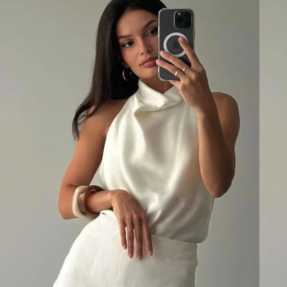 Hauts Femme Sexy Top Satin Licou Femme Mode Solide Élégant Gilet Dos Nu 2026 Nouvel Été Épaules Dénudées Caraco Femme