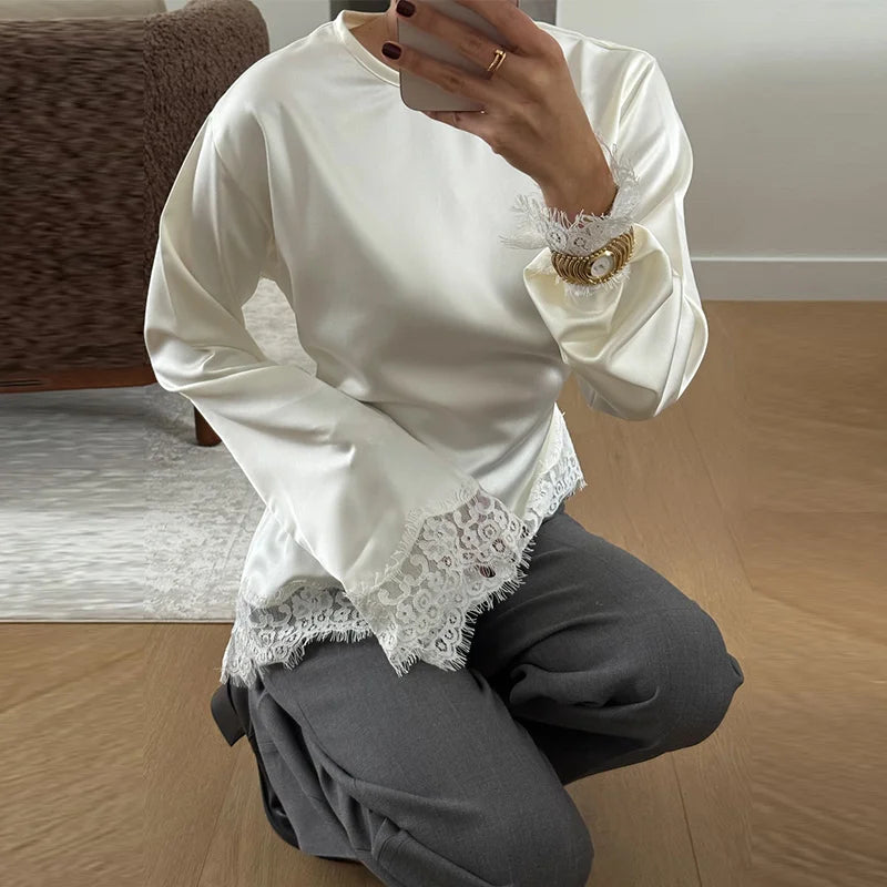 Top Casual con Inserti in Pizzo e Lacci, Pullover da Donna Slim con Cintura in Vita e Collo Tondo, Nuova Collezione Primavera 2026