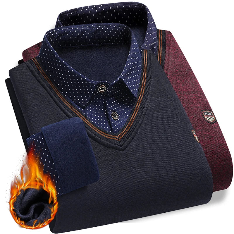Maglione di peluche da uomo autunno inverno falso pullover in due pezzi polo colletto in pile spesso caldo top vestiti maglioni casual