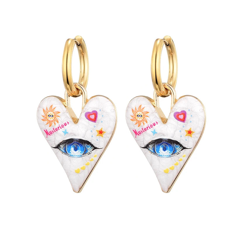 Nuovi orecchini a cerchio in acciaio inossidabile con occhio di cuore carino alla moda per le donne Gioielli femminili di amore con pendente color oro smaltato vintage colorato