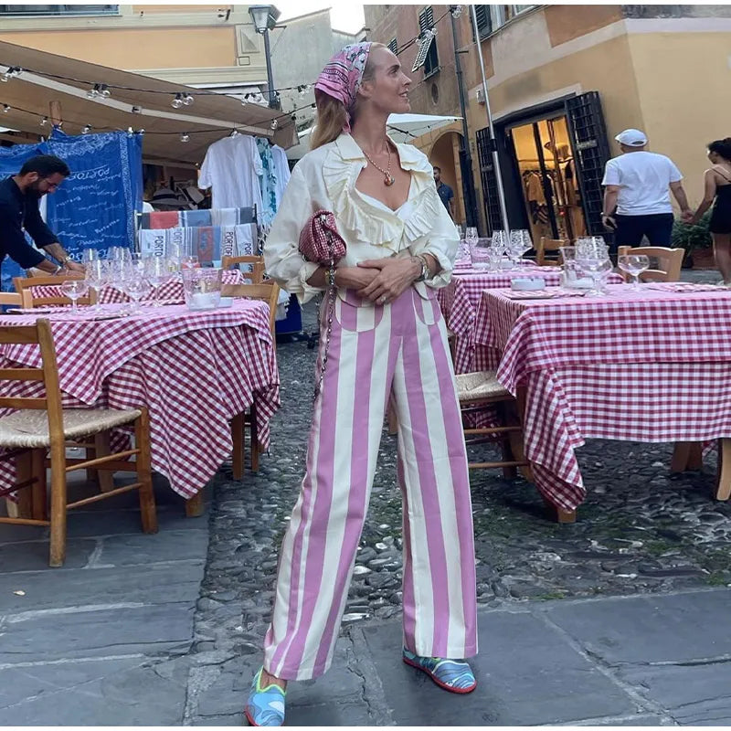 Jeans da Donna a Righe Stile Street Fashion con Cerniera, Bottone e Tasche, Gamba Larga, Pantaloni in Denim Chic Primavera Estate 2026