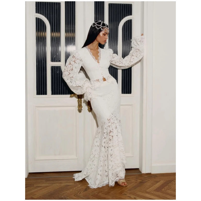Abito lungo da donna elegante con maniche svasate con lacci Moda scava fuori con spalle scoperte Abiti aderenti 2024 Lady New Beach Partywear