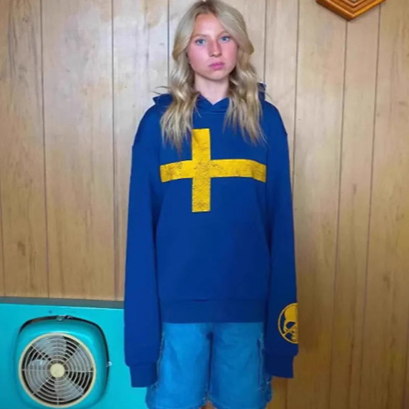 Felpa con cappuccio a maniche lunghe Hip Hop Rock Harajuku gotico americano Cappotto casual con stampa croce teschio moda di strada a contrasto vintage