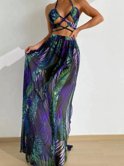 3 Pieces Print Cross Bikini 2025 Women Sexy Halter Swimsuit & Cover Up Beach Dress Swimwear Bathers Bathing Swimming Suit Summer