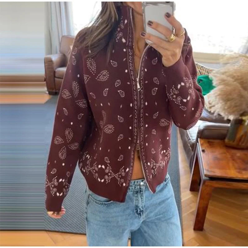 Giacca in maglia con stampa paisley per donna, colletto alto, maniche raglan, chiusura a zip, tasca frontale, cardigan autunnale 2026, giacca retrò ampia.