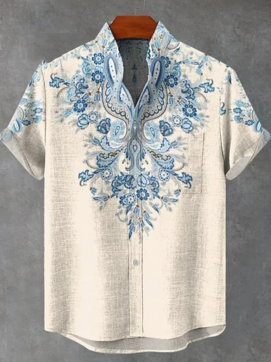 Camicia a maniche corte stampata da uomo estiva Camicia di lino vintage Festival da uomo Casual Manica corta Top Street Trend Consegna veloce