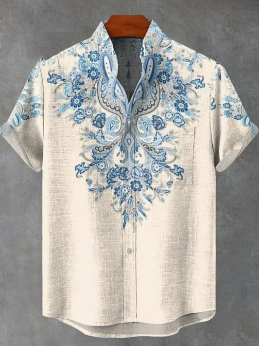 Camicia a maniche corte stampata da uomo estiva Camicia di lino vintage Festival da uomo Casual Manica corta Top Street Trend Consegna veloce