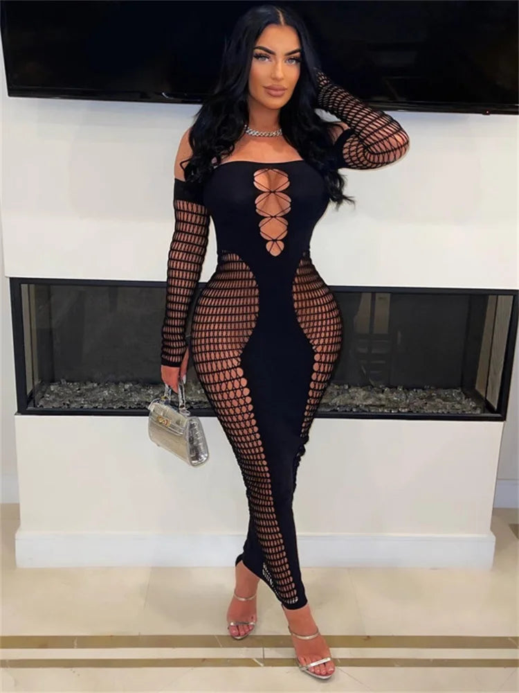 Abito lungo senza spalline aderente senza schienale lavorato a maglia a maniche lunghe autunnale Abiti maxi da donna Abito da festa aderente rosa sexy Clubwear