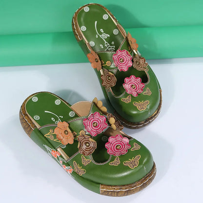 Damen-Sommersandalen mit Blumen im Ethno-Stil, Retro-Plateau-Hausschuhe, handgefertigt, bequem zum Gehen