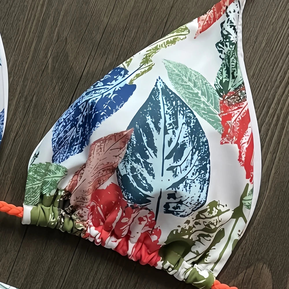 Seilgebundener Bikini Damen geteilter Badeanzug sexy 2-teiliges Set mit Dreiecksblattdruck Strandbadeanzug Sommer 2026