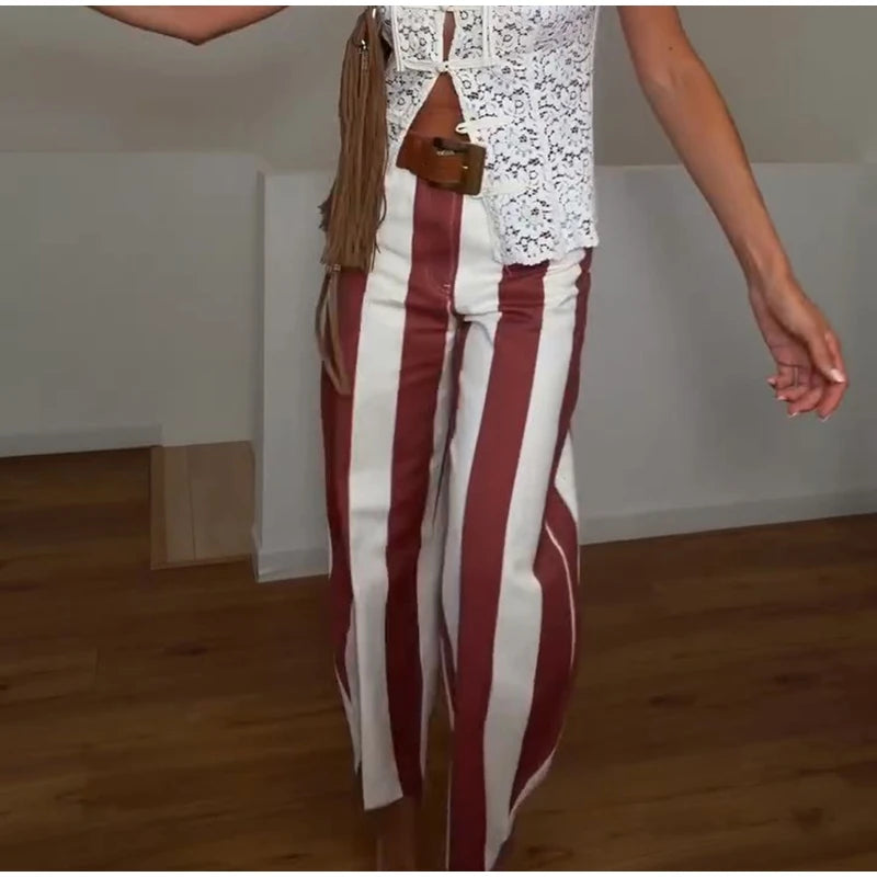 Jeans da Donna a Righe Stile Street Fashion con Cerniera, Bottone e Tasche, Gamba Larga, Pantaloni in Denim Chic Primavera Estate 2026