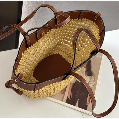 Borsa da donna in paglia intrecciata 2in1 Borsa da ascella in paglia con tracolla regolabile Borsa a tracolla per gnocchi di grande capacità per borsa a secchiello da spiaggia estiva