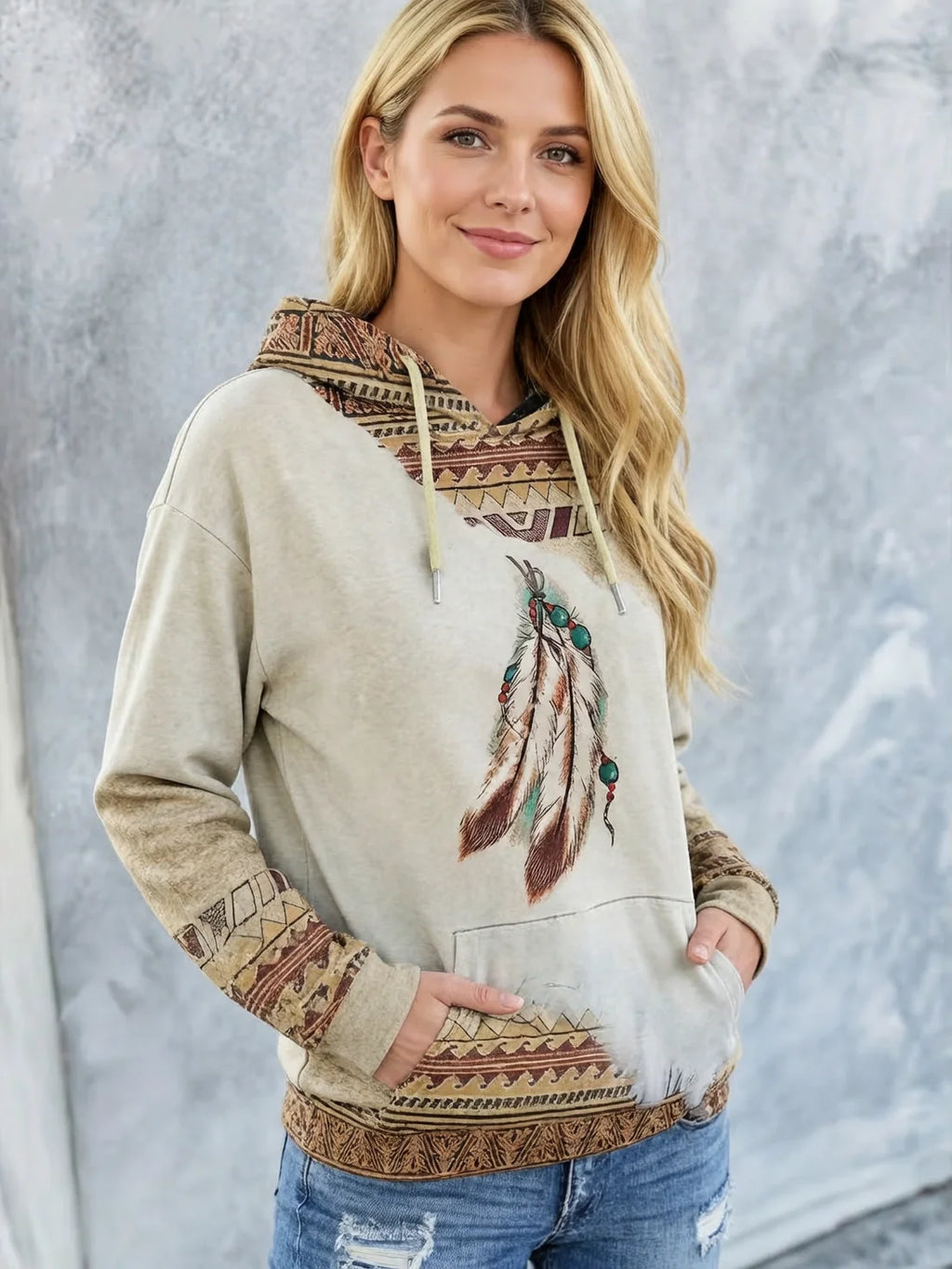 Felpa pullover girocollo moda casual da donna Felpa con cappuccio stampata retrò stile etnico occidentale