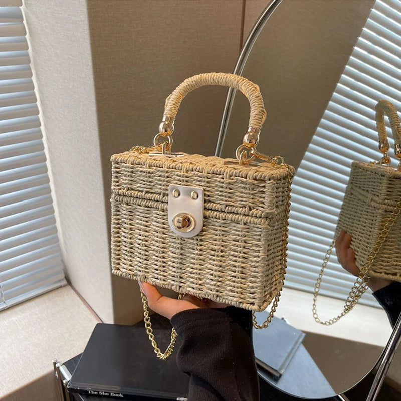 Borsa a tracolla in paglia di rattan Borsa a tracolla intrecciata a mano da donna Borsa a tracolla in paglia con scatola quadrata da spiaggia estiva per signora Bolsa Feminina