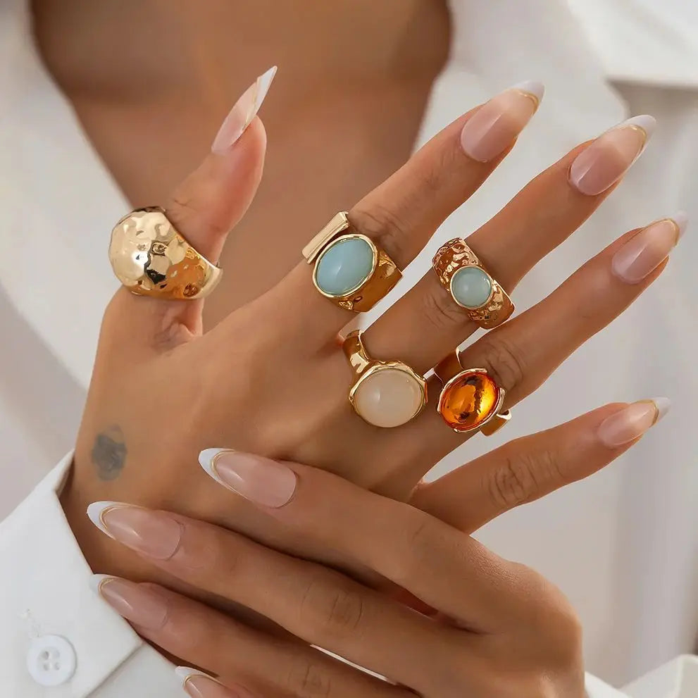 Ingemark 5 Pz/set Retro Color Oro Irregolare Anello di Metallo per Le Donne Della Boemia Aperto Regolabile Anello Ampio Estetico Y2K Regalo Dei Monili