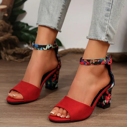 Nuovi sandali estivi con tacco spesso per donna Testa tonda Linea open-toe con tacco alto stampato antiscivolo resistente all'usura Bocca di pesce
