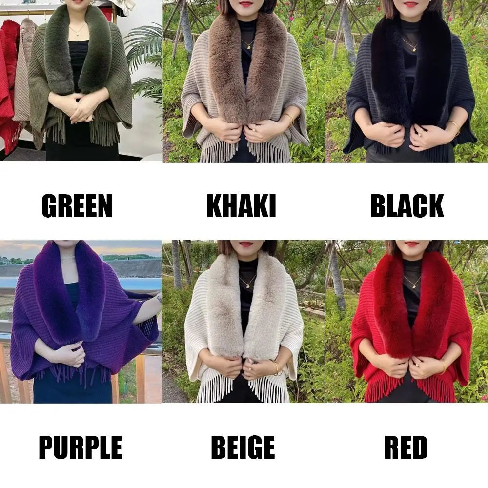 Abiti da sera da donna Cardigan Mantello invernale caldo scialle lavorato a maglia Involucri con colletto in pelliccia sintetica
