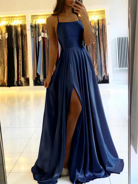 Abito da donna maxi da spiaggia in raso bordeaux per Natale Spacco laterale sexy Cinghie regolabili Abito da ballo da sera Abiti da damigella d'onore economici