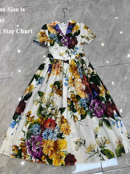 Camicia lunga da donna con stampa floreale estiva da passerella Abiti lunghi a pieghe a maniche corte da donna Abiti da sera eleganti da donna